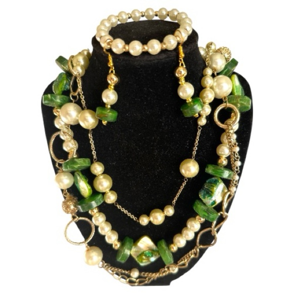 Handmade mixed with readymade chains Elegant Green and Gold Pearl Jewelry Set